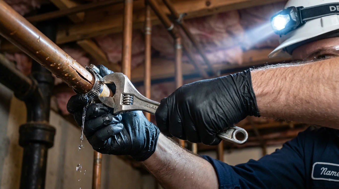 Emergency pipe clamp repair being performed by a Johns Plumbing LLC plumber in Saint Clair