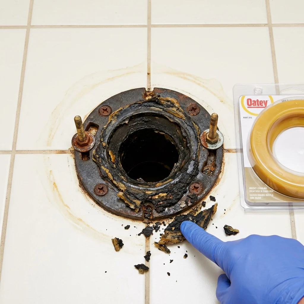 Failed wax ring showing water seepage at the base of a toilet in a Saint Clair, MO home