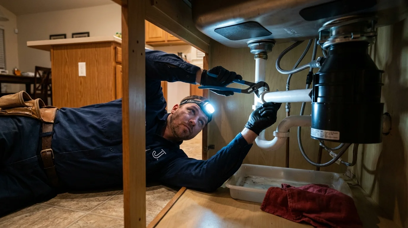 P-trap and supply line connections under a kitchen sink showing a common leak point in Saint Clair, MO